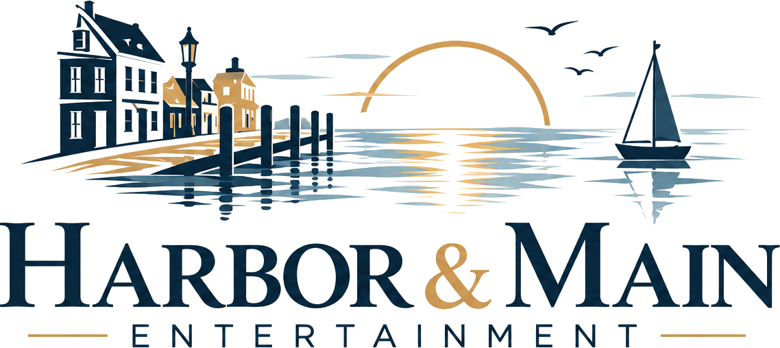 Harbor and Main Entertainment illustrated waterfront logo